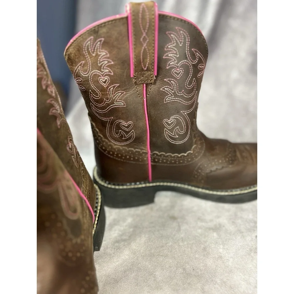 Ariat Girls Western Cowboy Boots Brown Pink Hearts Leather Size 8.5 B